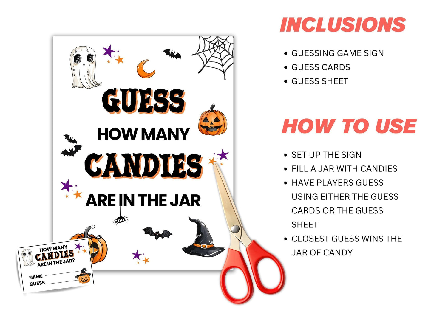 Halloween-themed game sign with scissors and cards on a white background