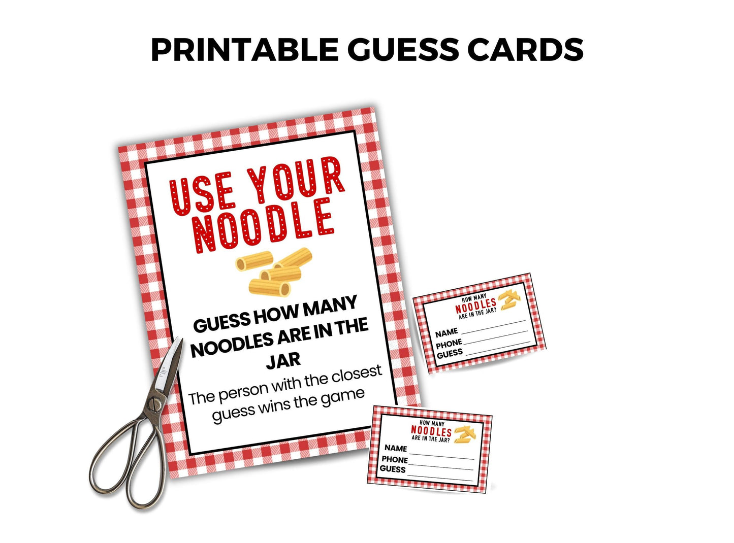 Printable guess cards for a noodle guessing game with scissors on a white background