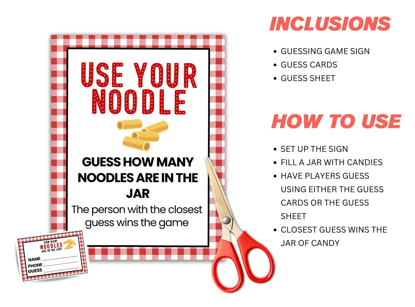 Game set with 'Use Your Noodle' sign, scissors, and candy jar instructions on a white background.