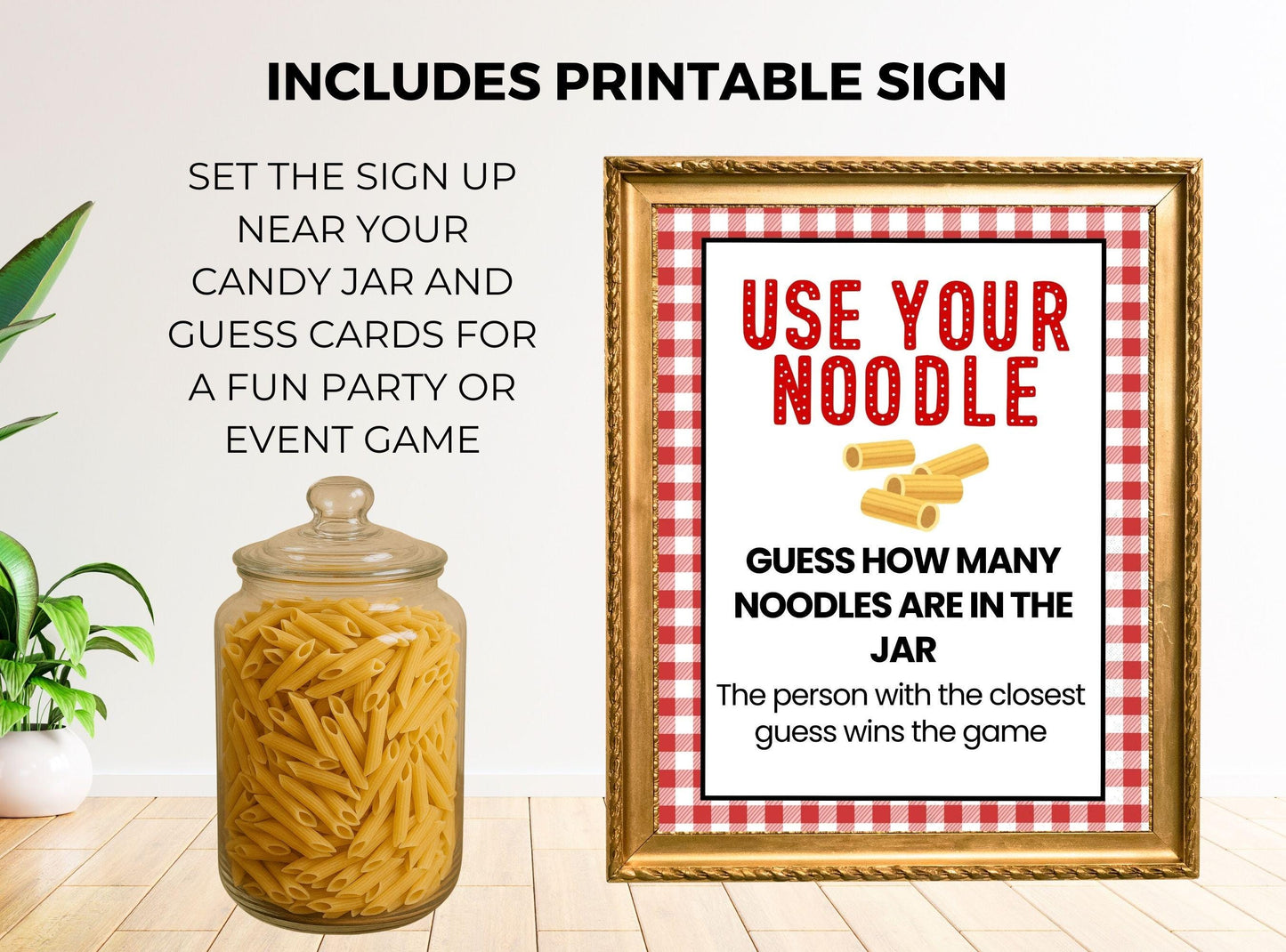 Printable sign with red text and a jar of noodles on a wooden surface.