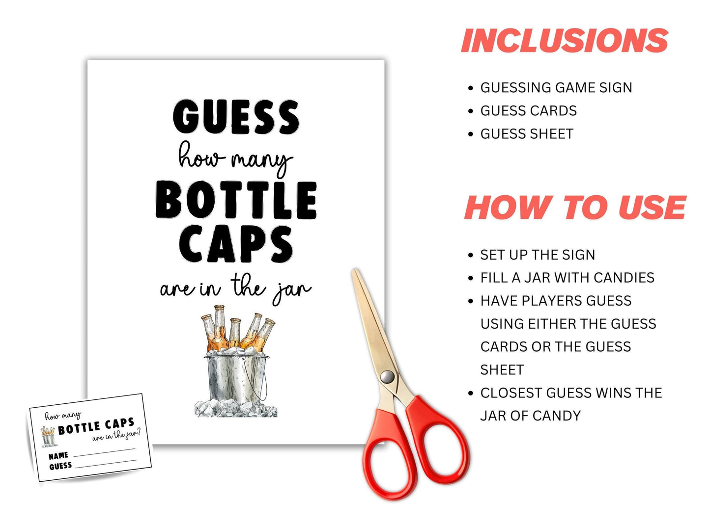 Guess the number of bottle caps game set with sign, cards, and scissors on a white background.