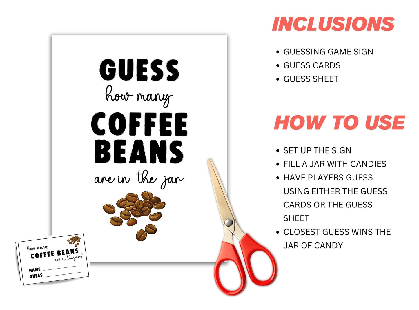 Guessing game set with coffee beans, sign, cards, and scissors on a white background.