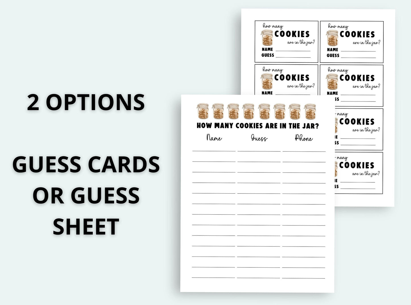 Guess cards or guess sheet with cookie jar design on a white background