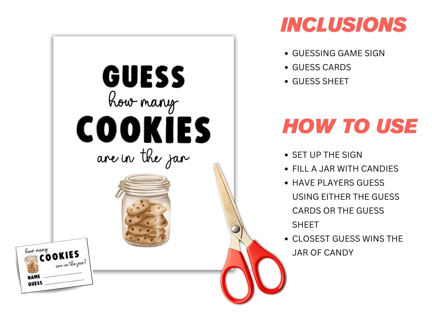 Guess the number of cookies game set with sign, cards, and scissors on a white background