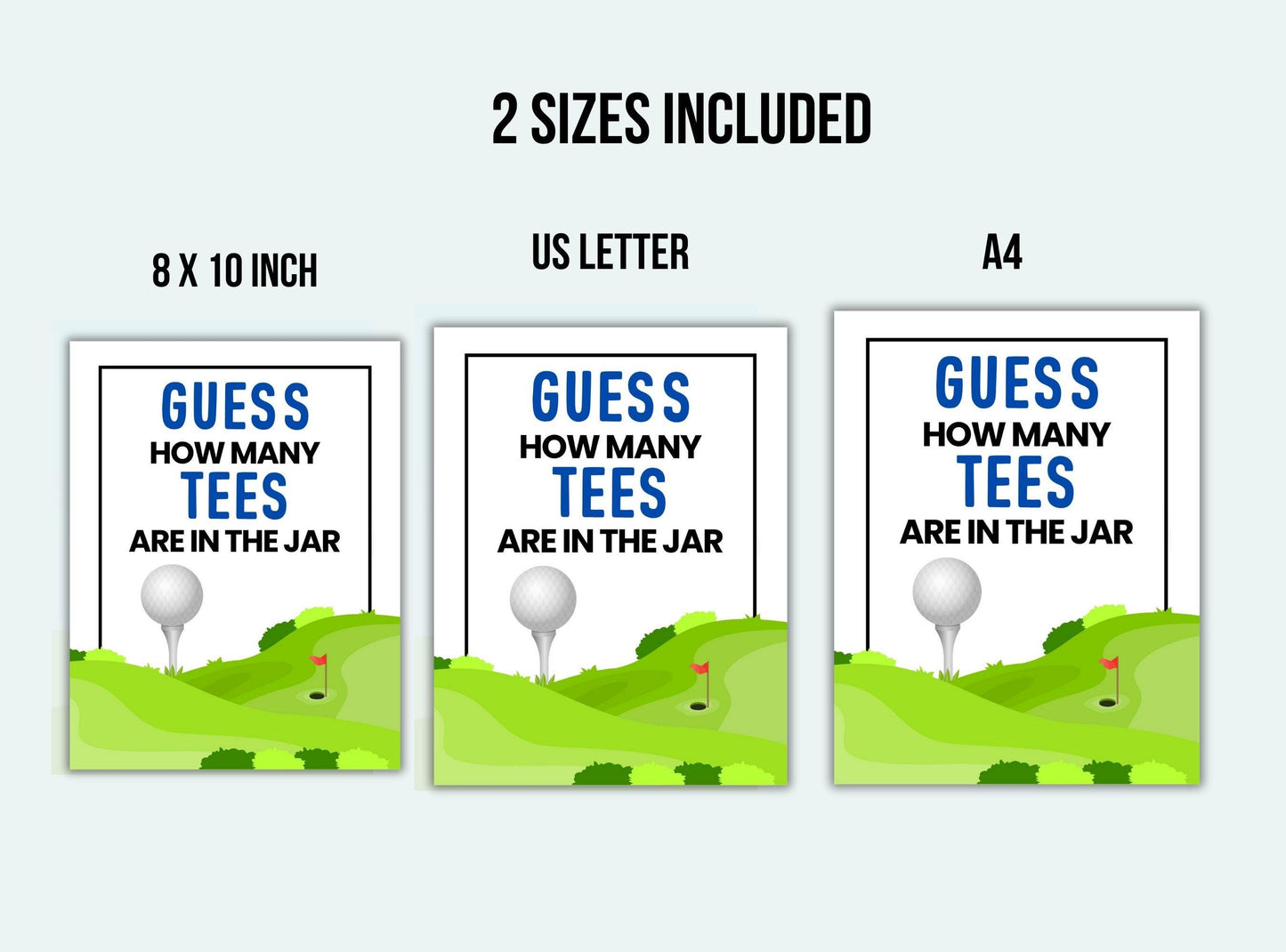 Three sizes of prints with golf theme and text 'Guess how many tees are in the jar' on a white background.