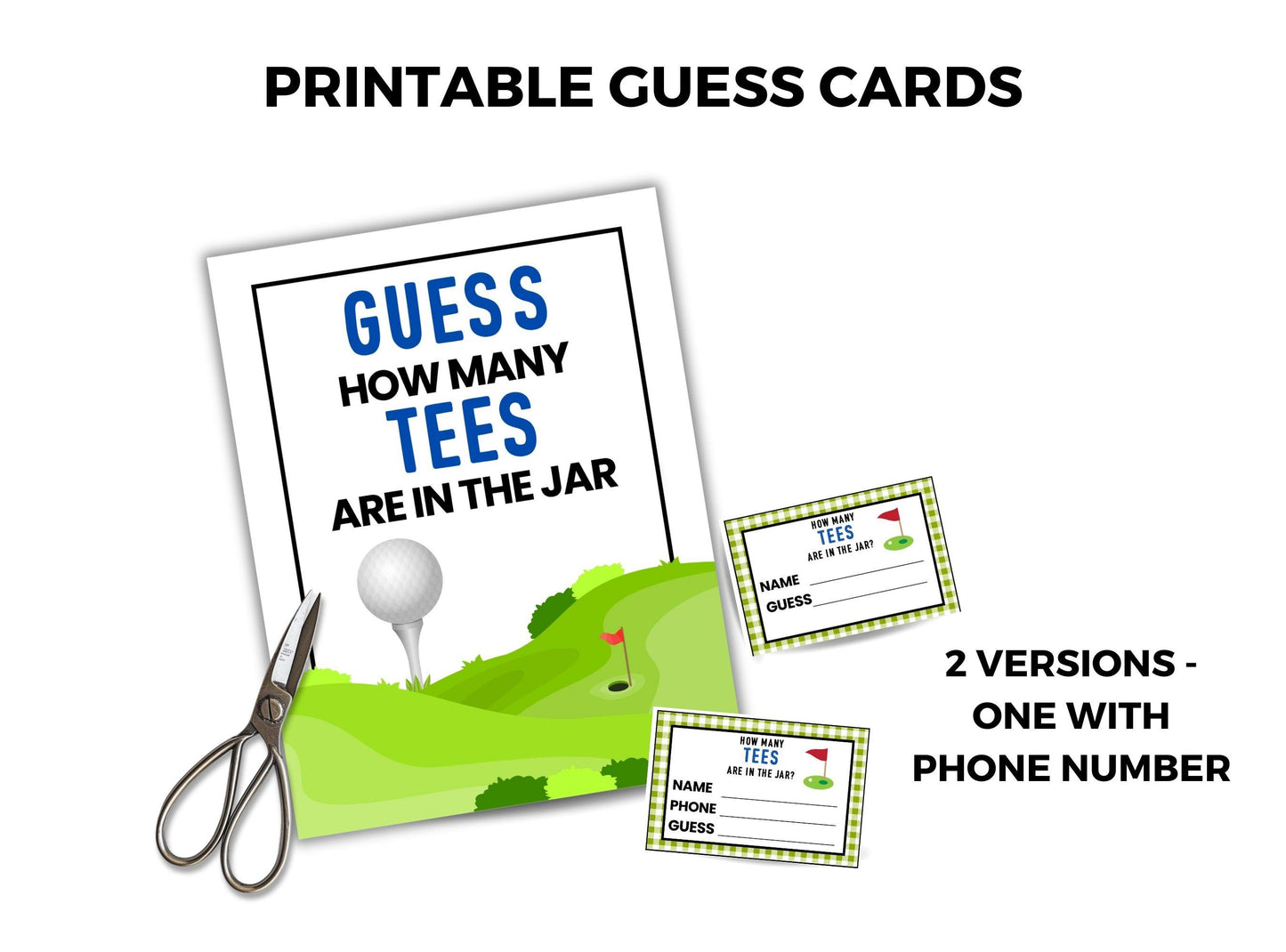 Printable guess cards for a golf-themed game with scissors on a white background