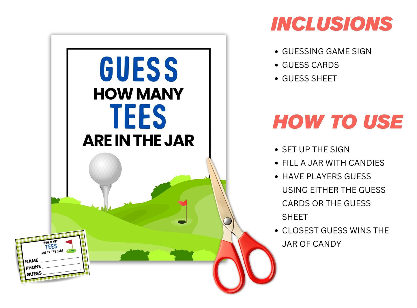 Golf-themed guessing game set with sign, cards, and scissors on a white background.