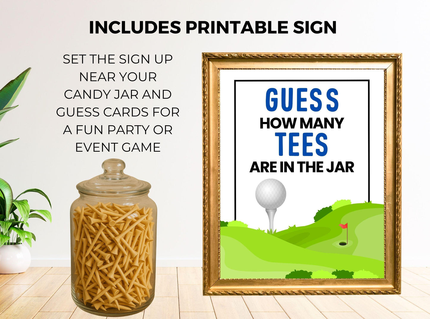Framed sign with golf theme and candy jar on a light wooden floor.