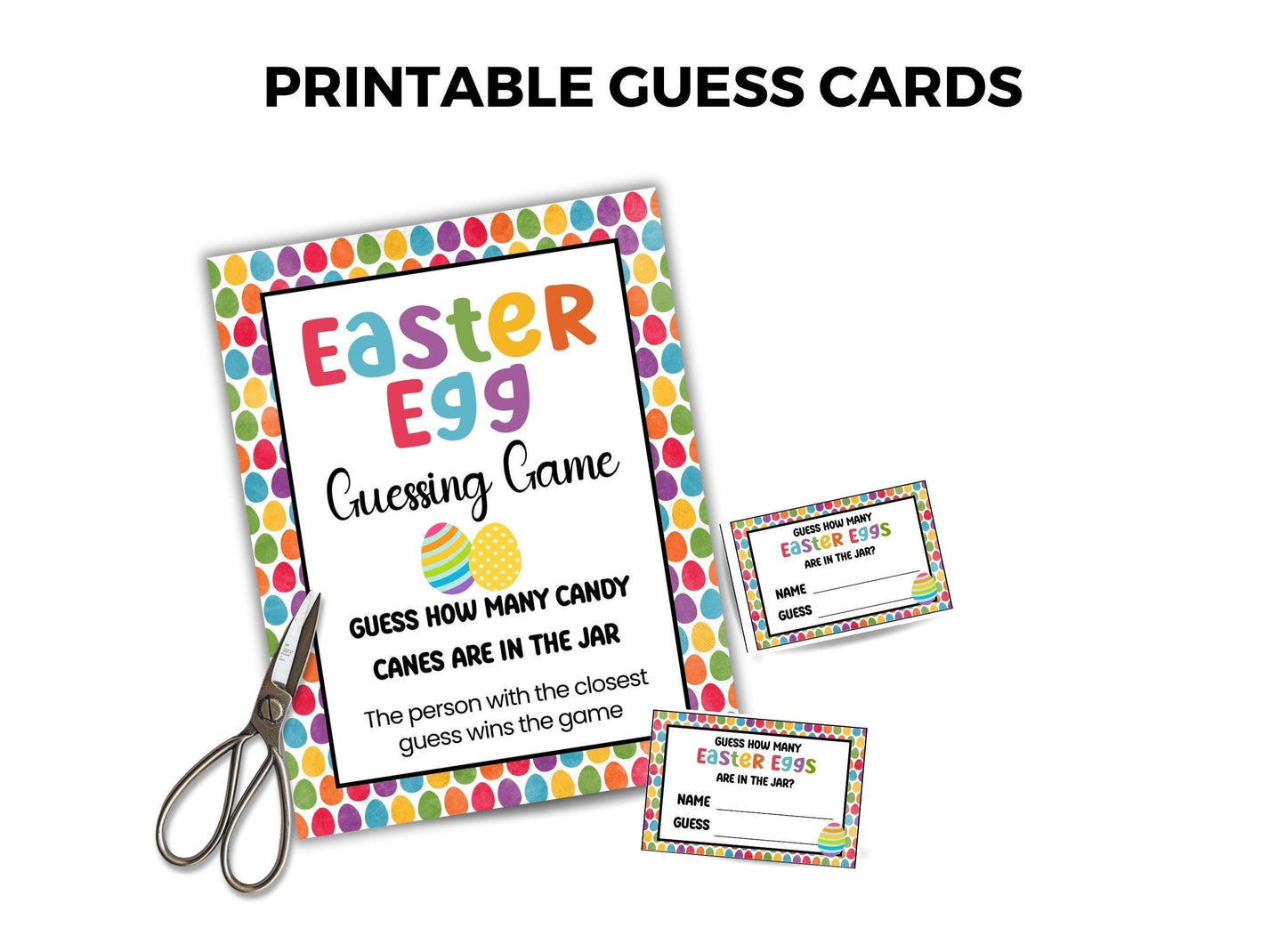 Easter egg guessing game cards with colorful polka dot border and scissors on a white background