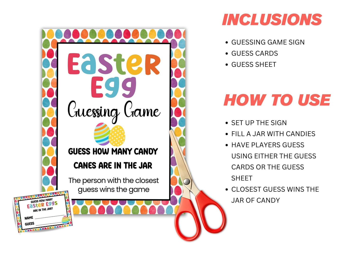 Easter egg guessing game set with sign, cards, and scissors on a white background