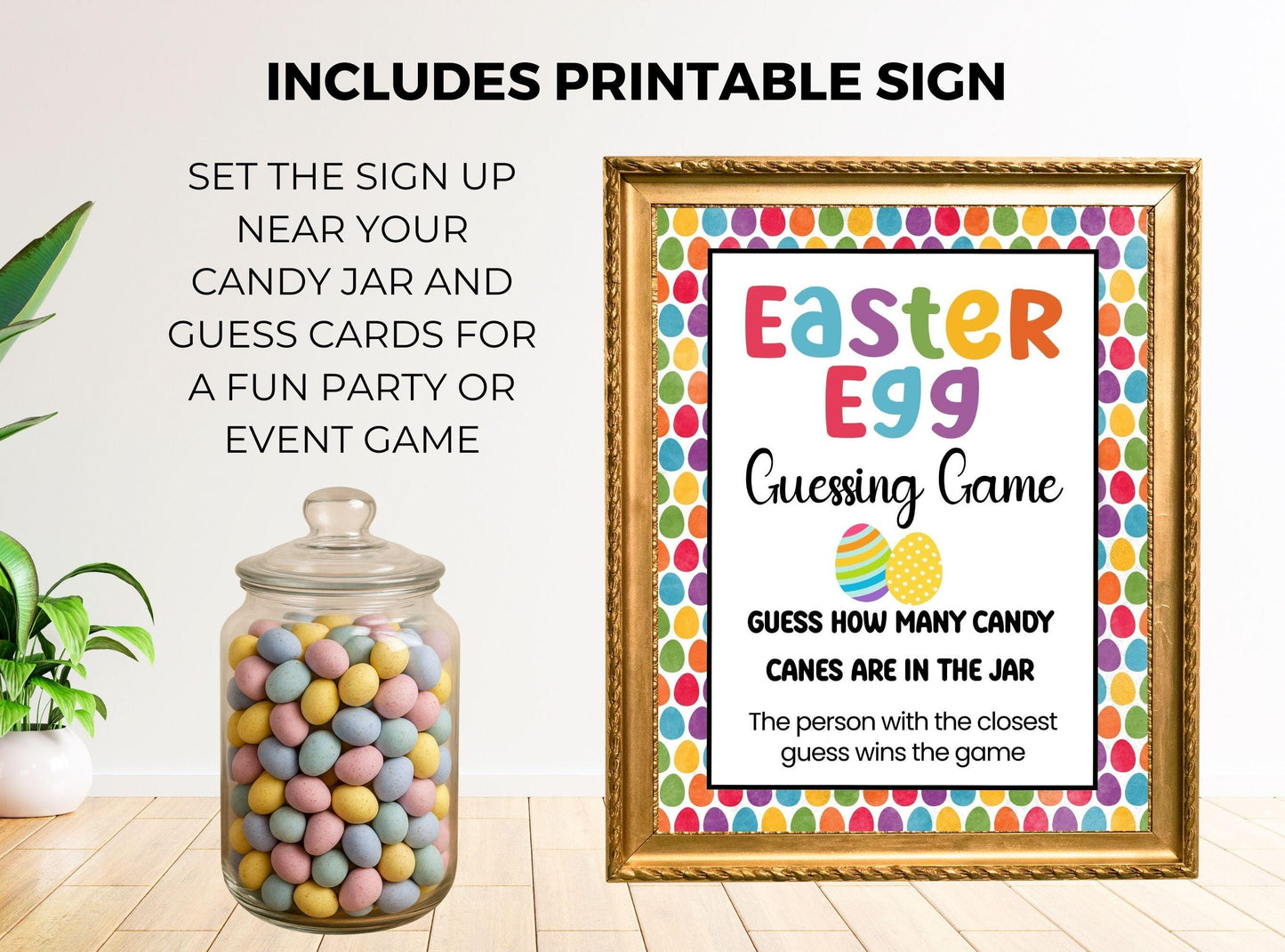 Easter egg guessing game sign with candy jar on a wooden surface