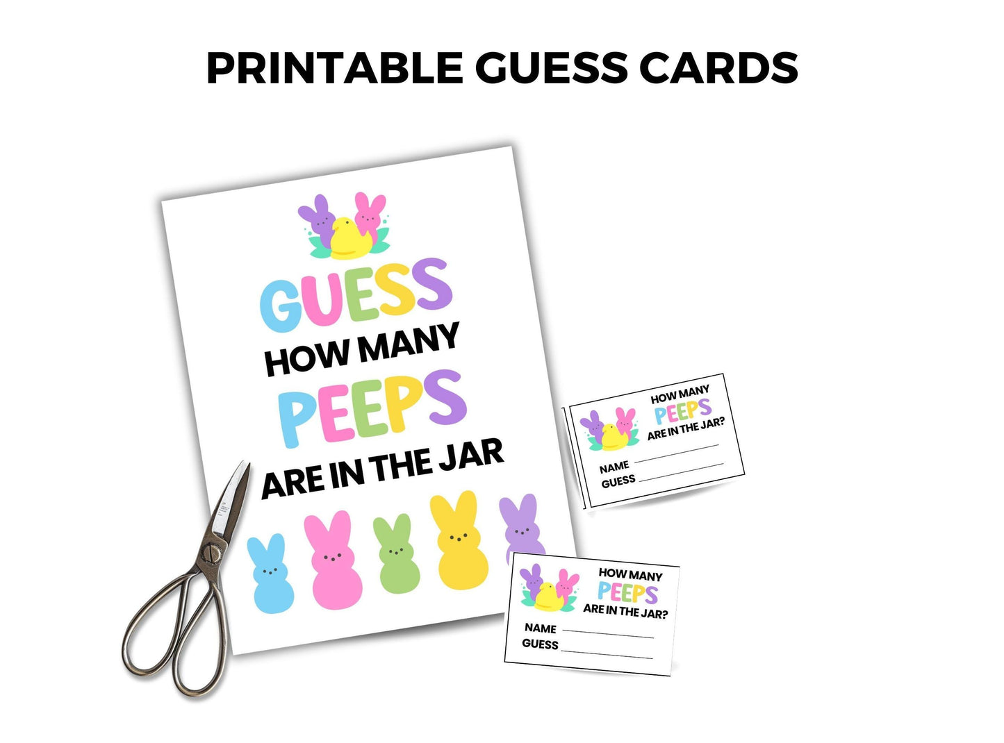 Printable guess cards for counting Peeps with colorful bunny graphics and a pair of scissors on a white background.