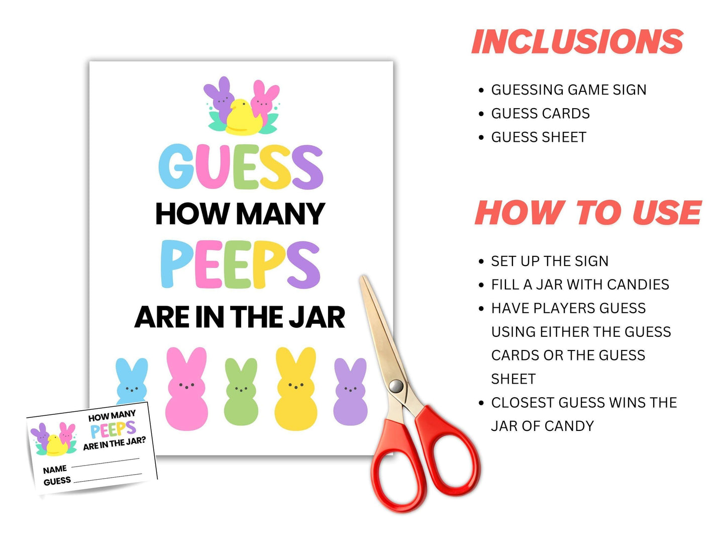 Guess how many Peeps are in the jar game set with sign, cards, and scissors on a white background.