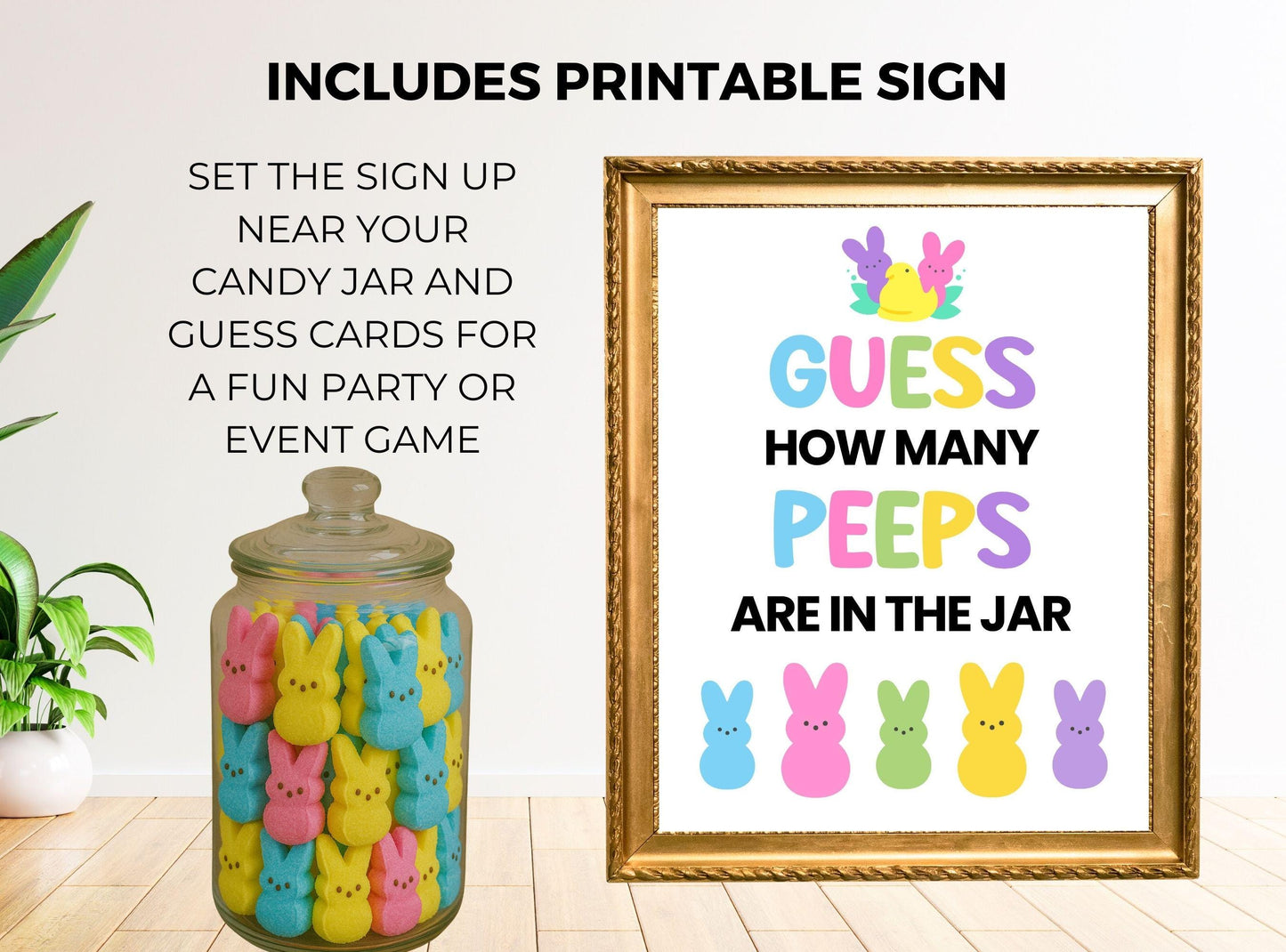 Easter-themed candy jar with colorful Peeps and a framed sign for a party game.
