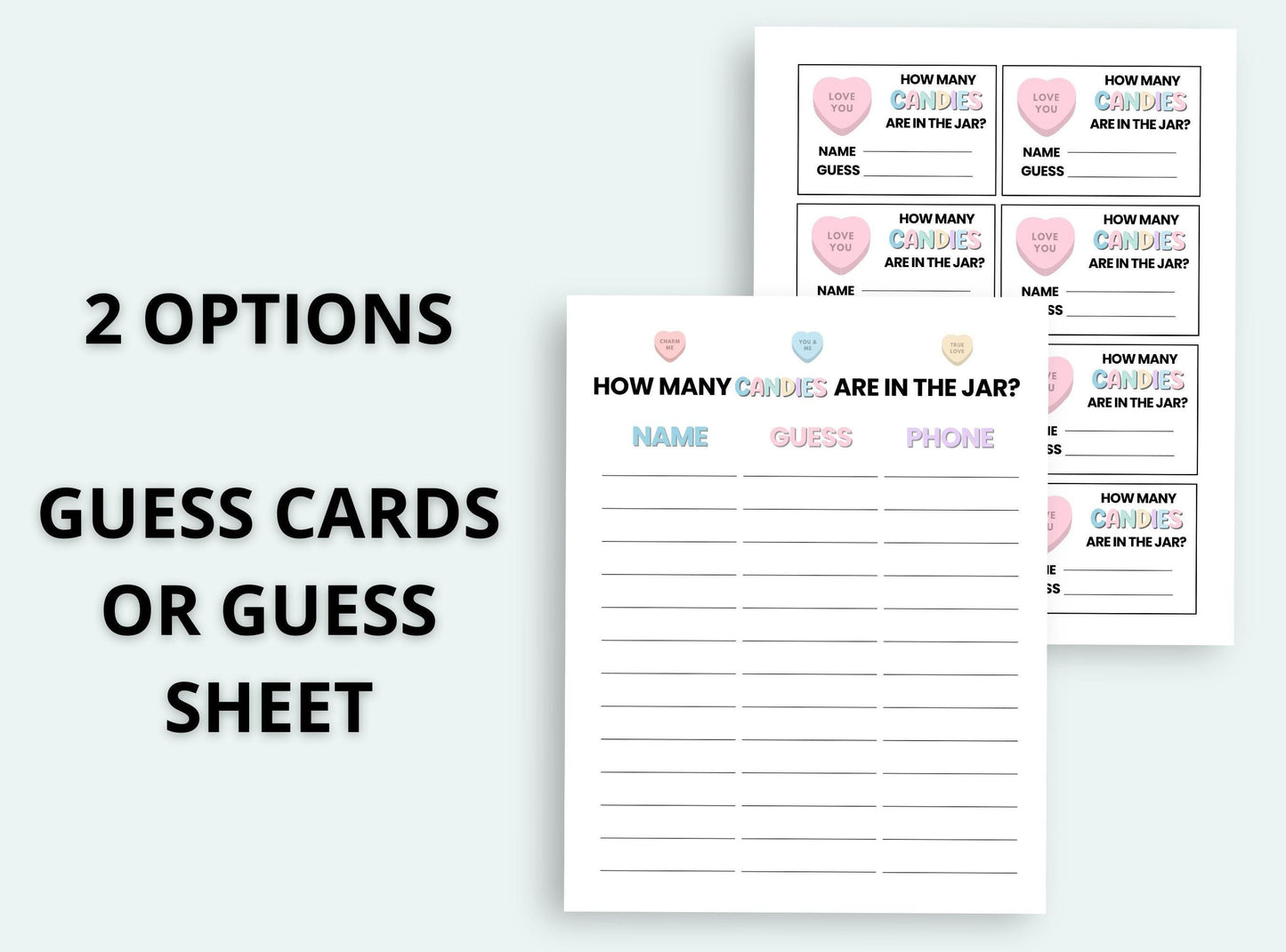 Guess cards or guess sheet for a game with text on a white background