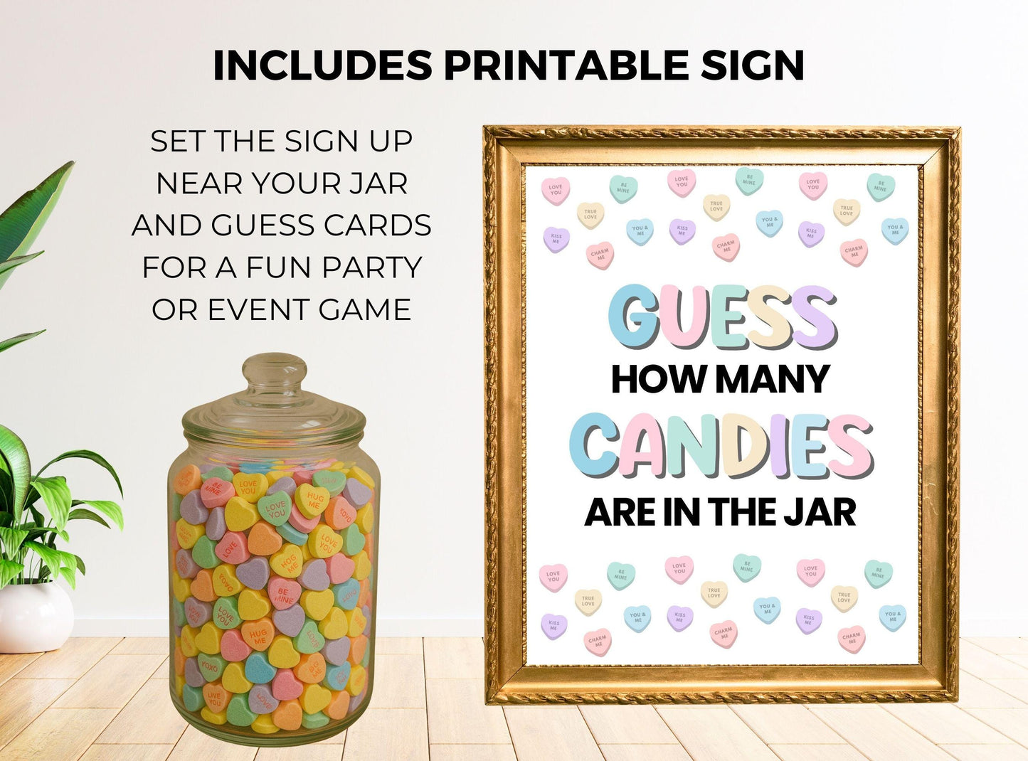Decorative sign for a candy jar game with colorful hearts and text.