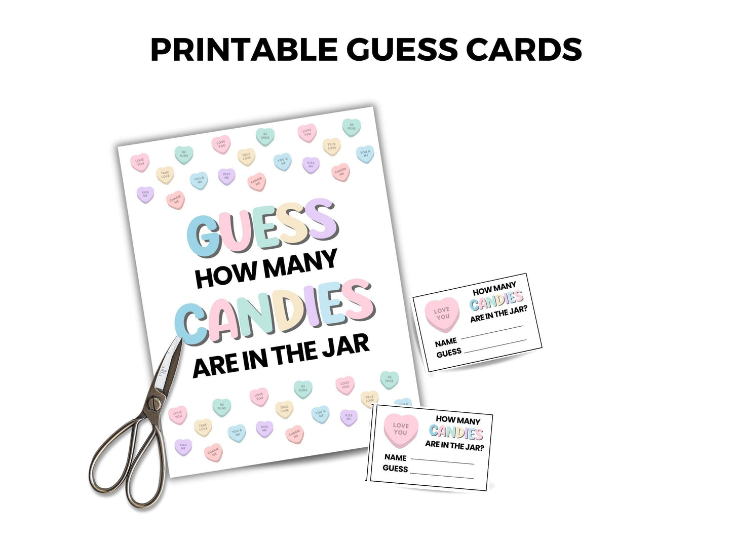 Printable guess cards for 'How many candies are in the jar' game with scissors on a white background