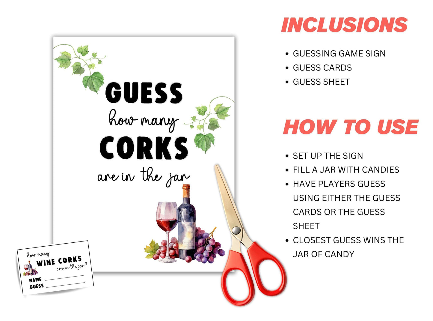 Wine-themed game set with guessing game sign, cards, and scissors on a white background.