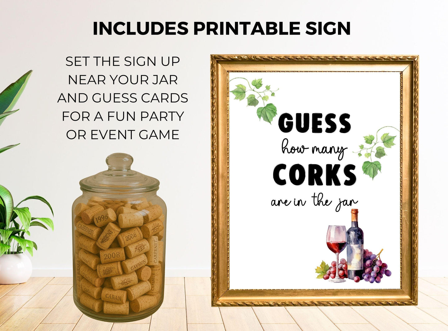 Decorative jar with corks and a framed sign for a guess game, including a printable sign.