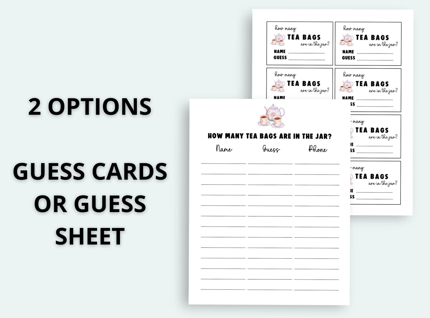 Guess cards or guess sheet for tea bags with text on a white background