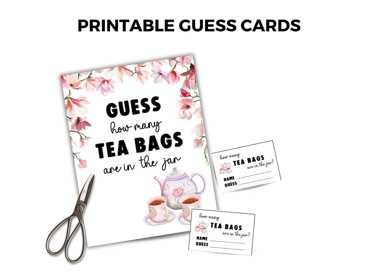 Printable guess cards for tea bags with floral design and scissors on a white background