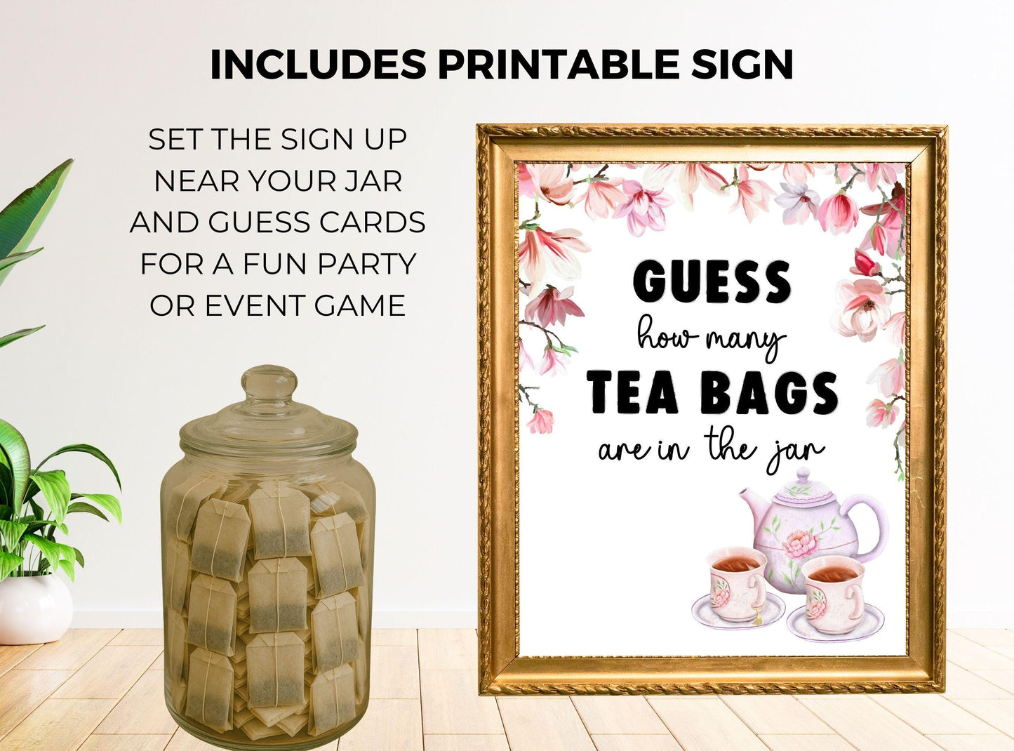 Tea bag jar with a decorative sign and text about a tea bag guessing game.