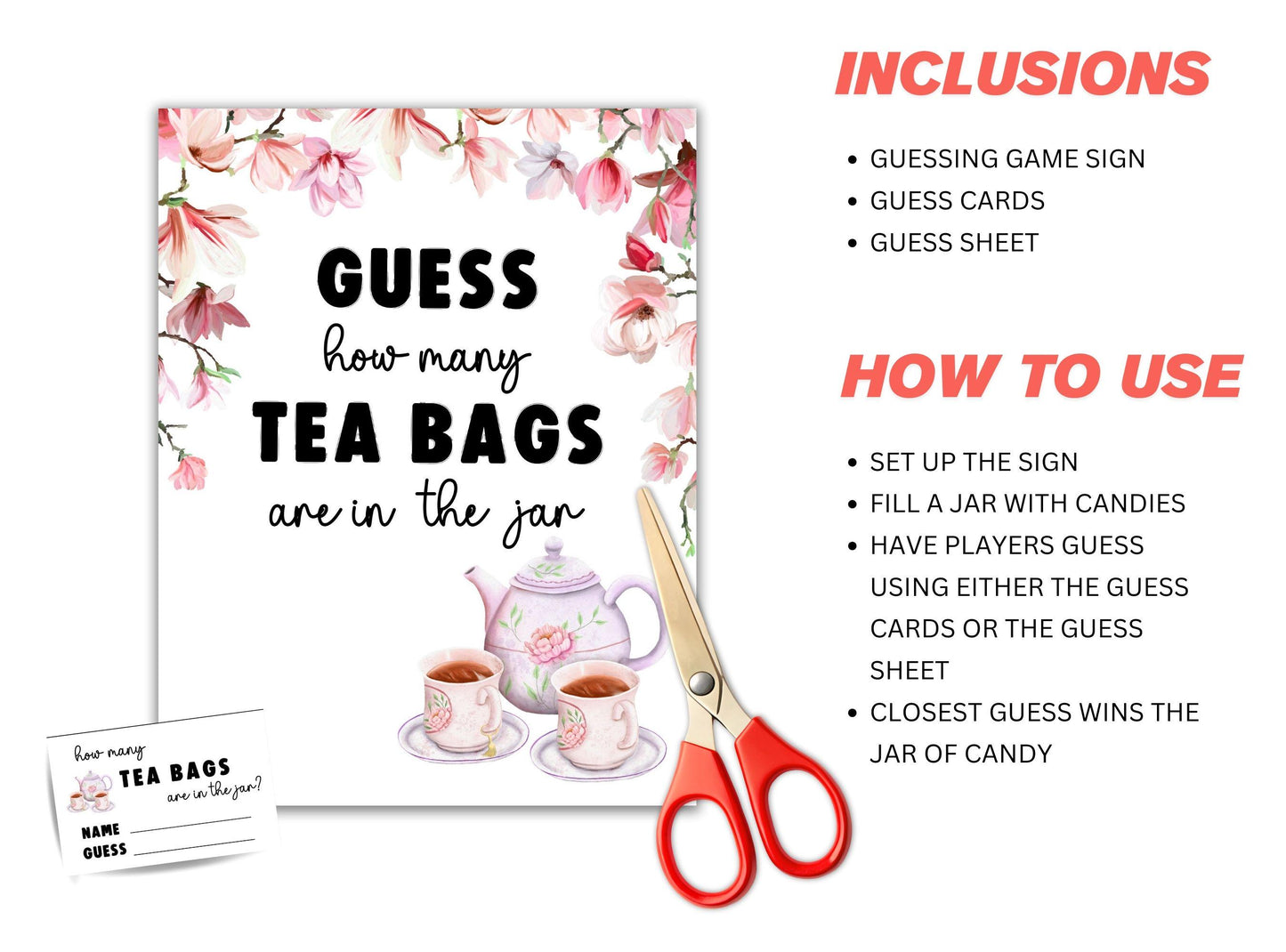 Tea-themed game set with guessing sign, cards, and scissors on a white background