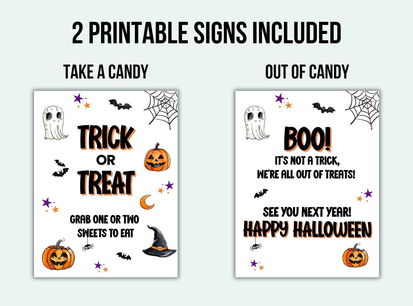 Two Halloween-themed printable signs with graphics and text on a white background.