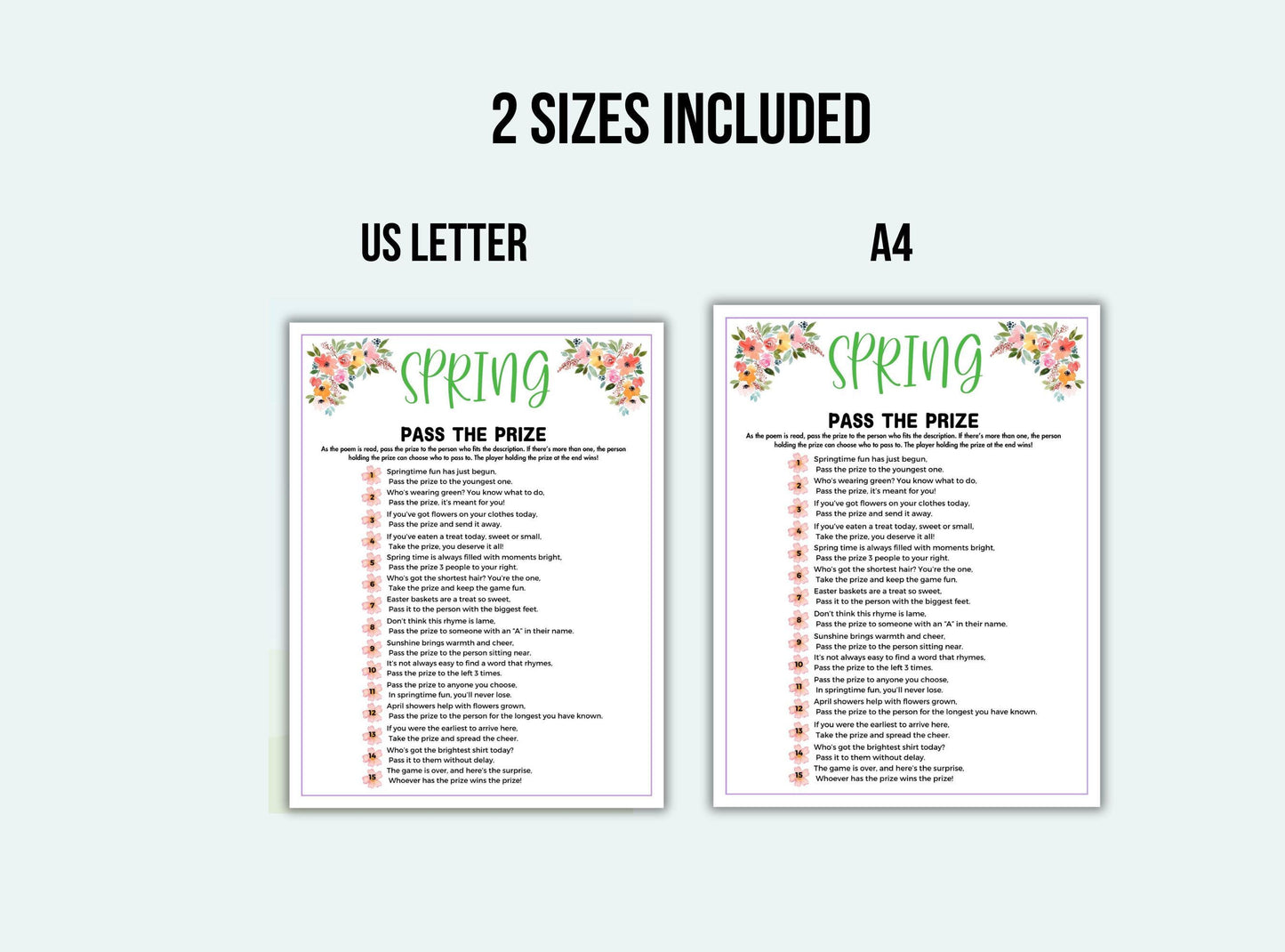 Two versions of a 'Pass the Prize' game sheet for Spring, one US Letter size and one A4 size, on a white background.