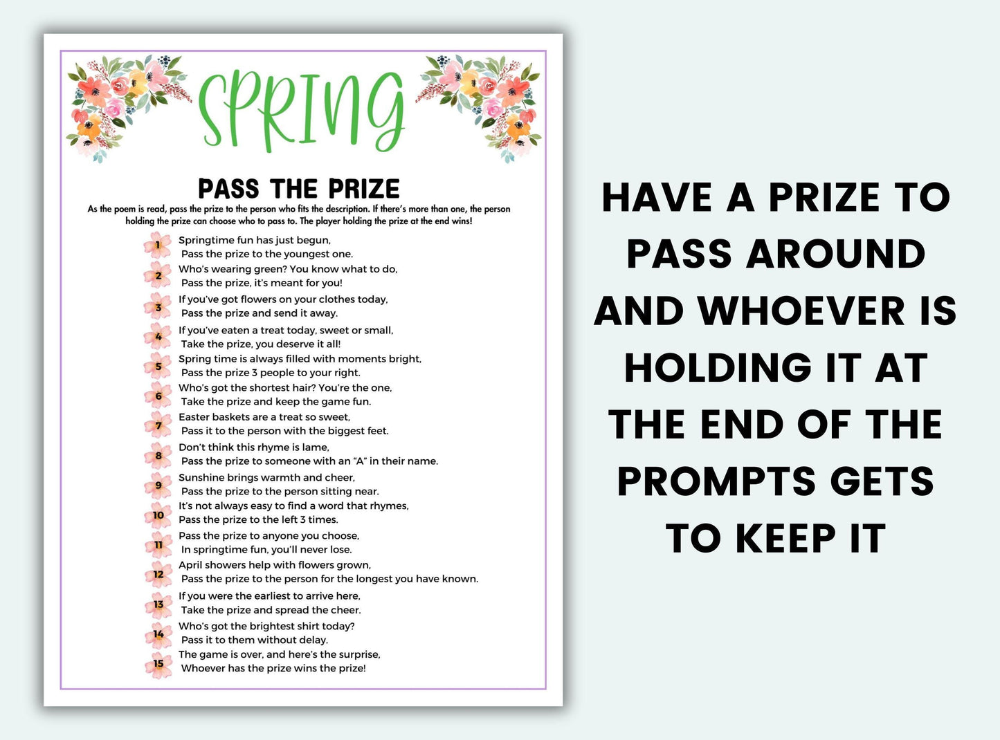 Spring-themed 'Pass the Prize' game sheet with instructions and decorative elements on a white background.