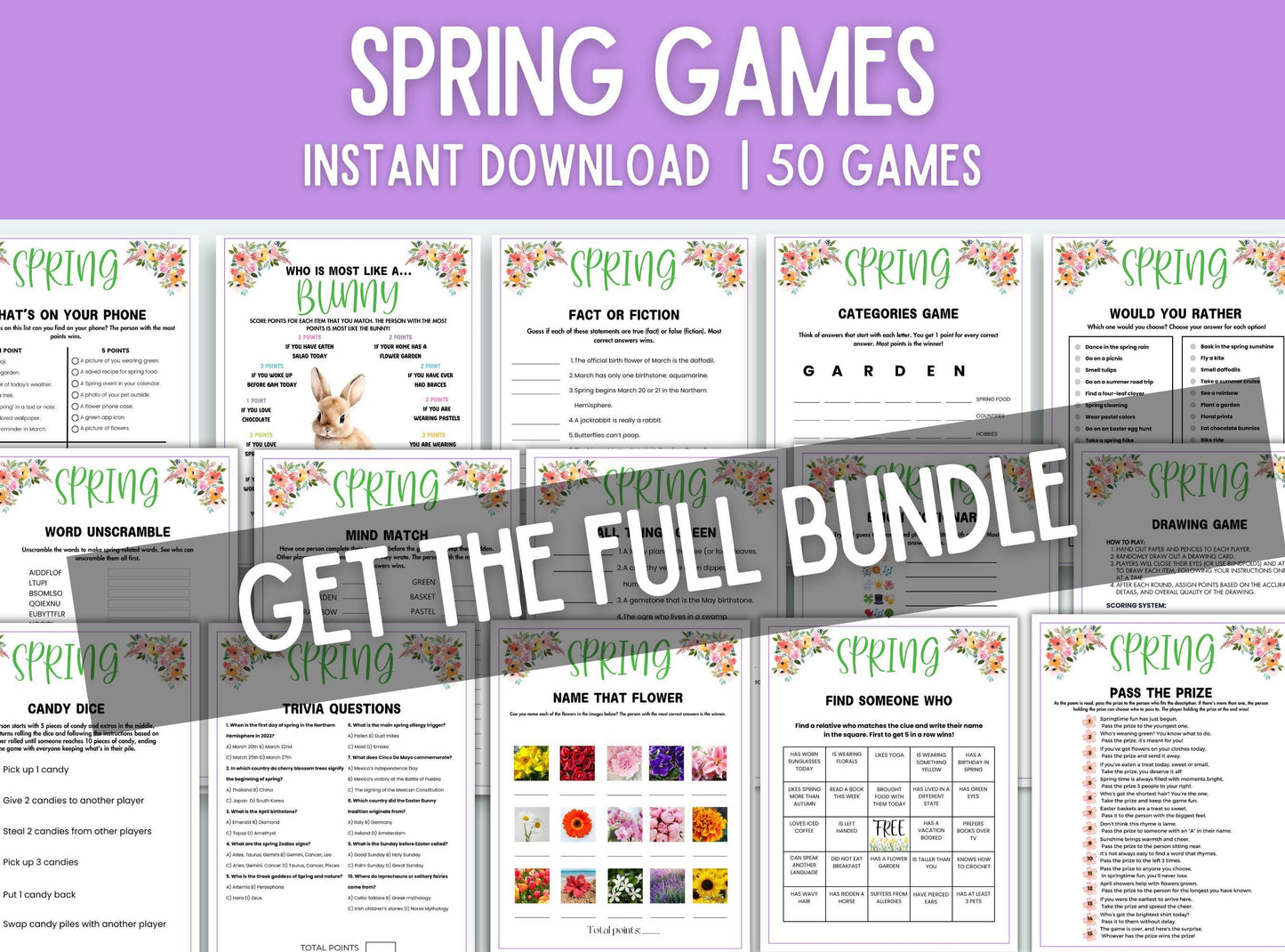 Collection of spring-themed games with a promotional banner for an instant download bundle.
