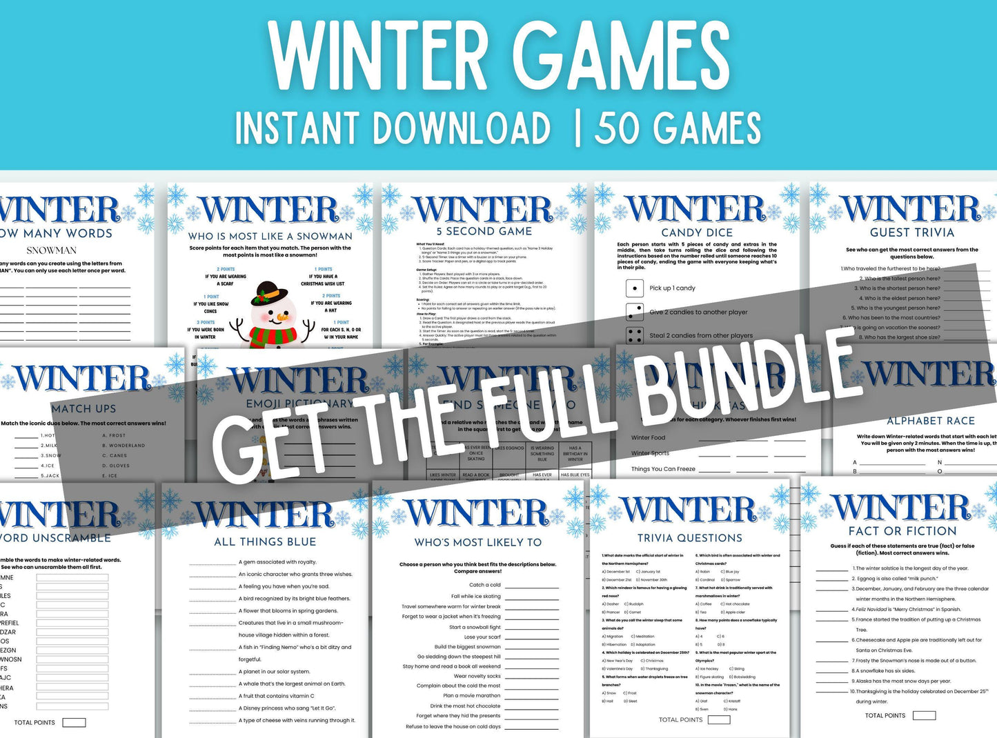Collection of winter-themed games with a promotional banner for a full bundle download.