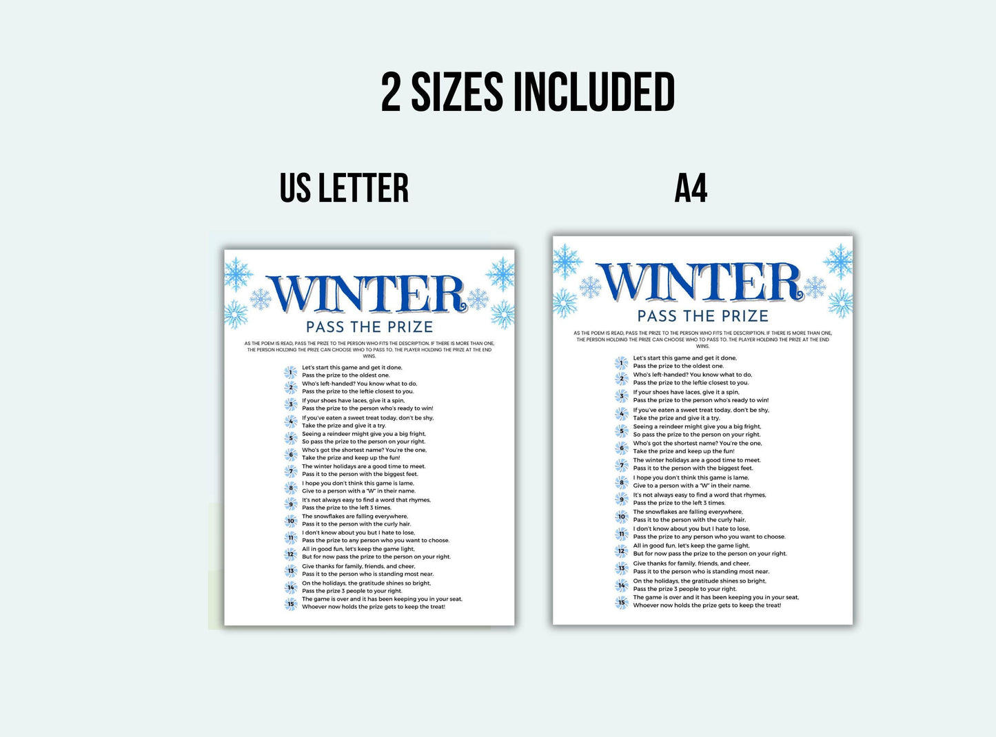 Two versions of a 'Winter Pass the Prize' document, one US Letter size and one A4 size, on a white background.