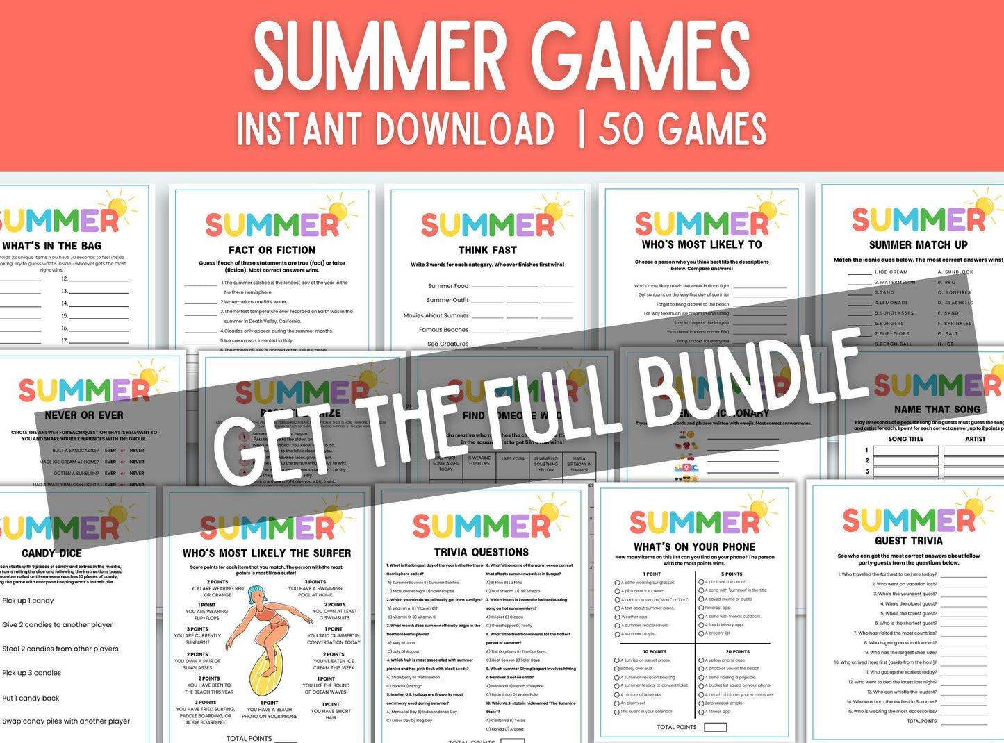 Collection of summer-themed games with a promotional banner for an instant download bundle.