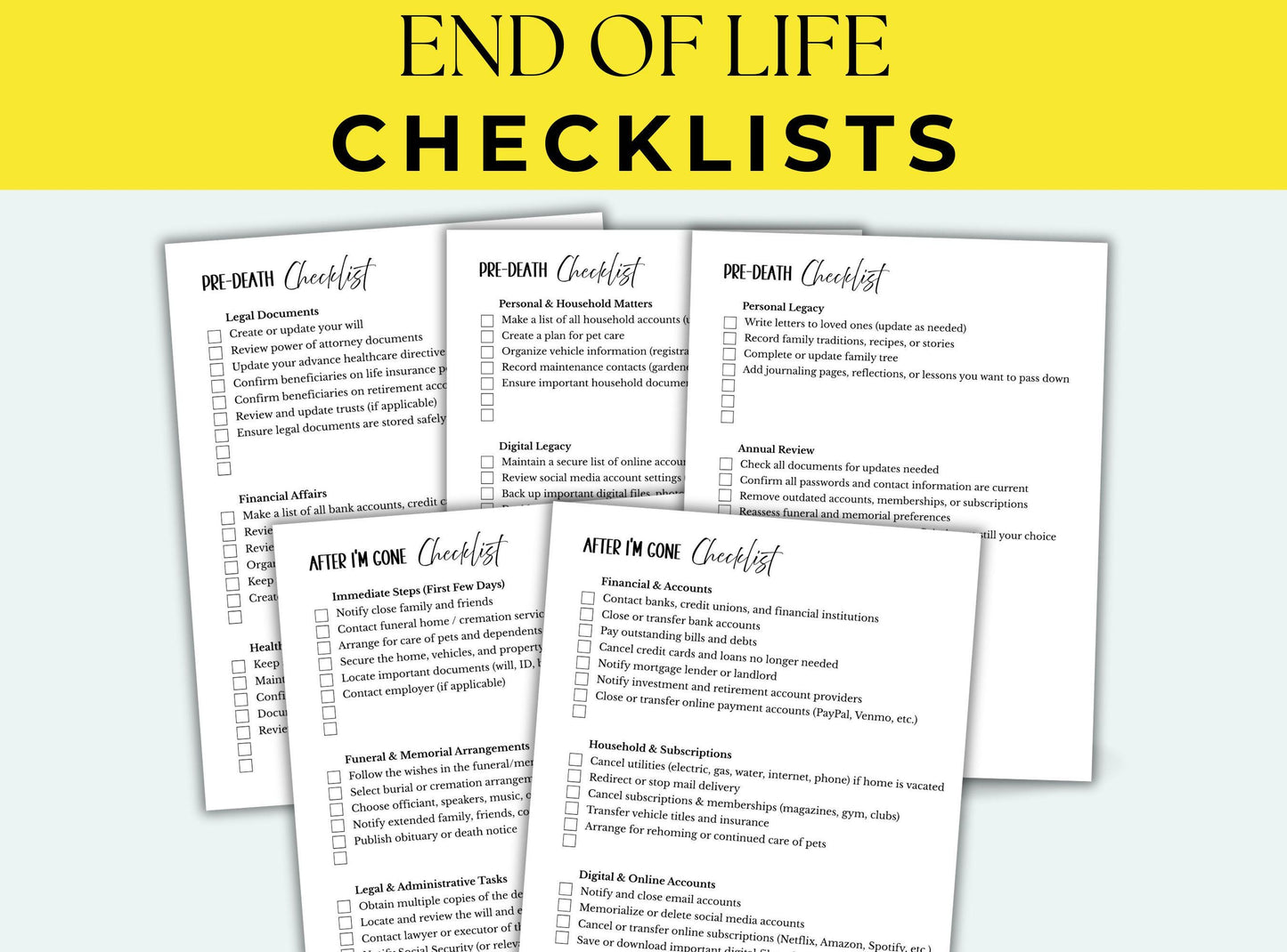 End of life checklists on a white background with a yellow border