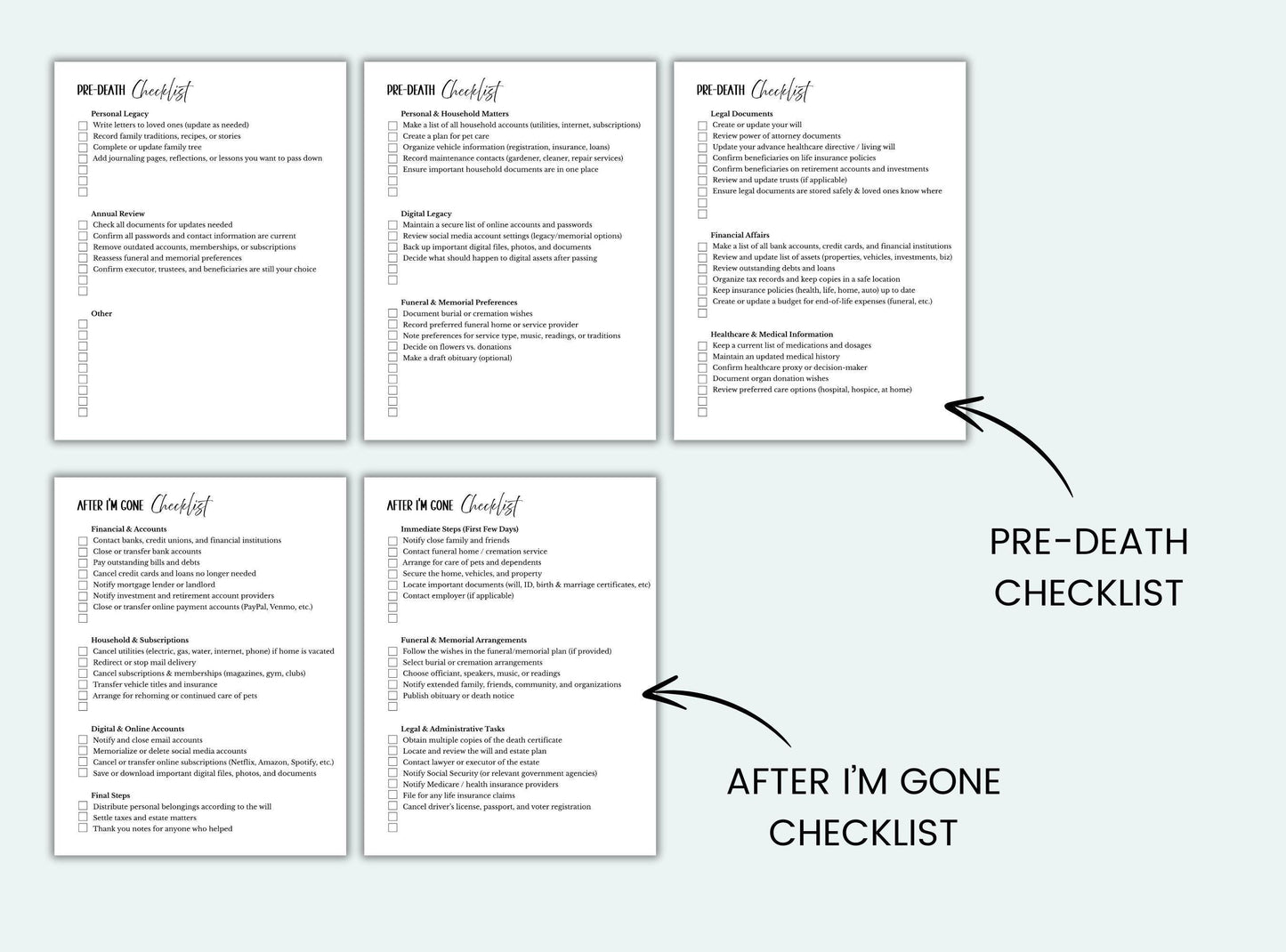 Pre-death and after I'm gone checklists on a light gray background