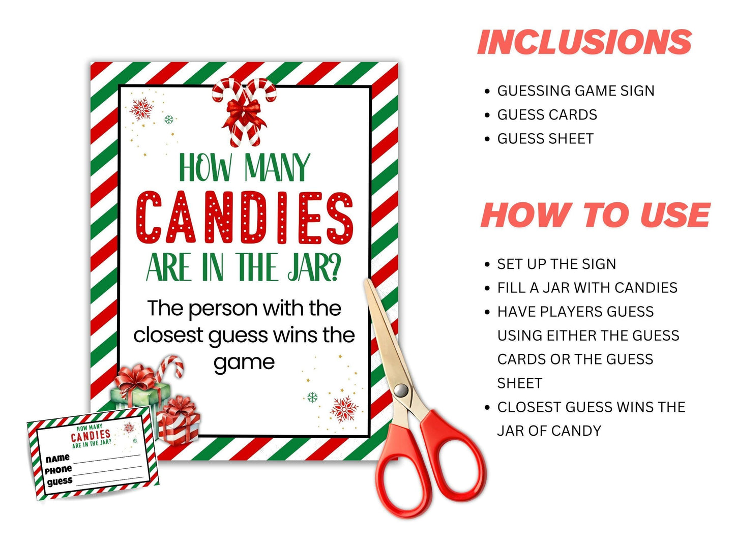 Guessing game set with sign, cards, and sheet for 'How Many Candies Are in the Jar?' game.