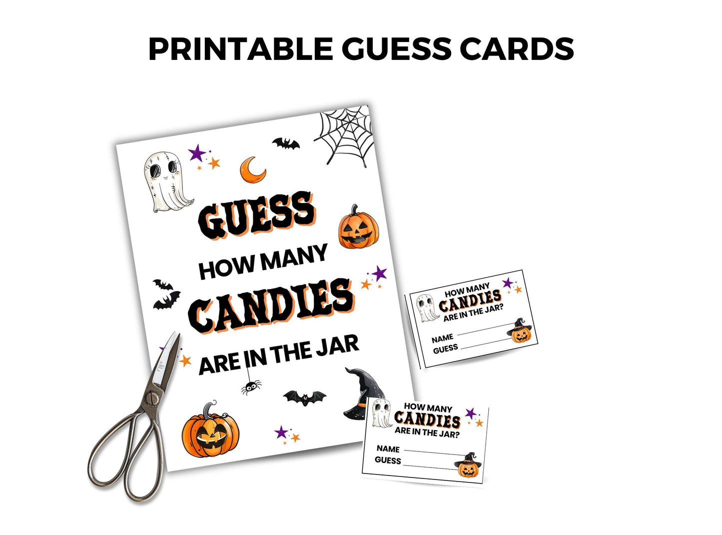 Halloween-themed printable guess cards with scissors on a white background