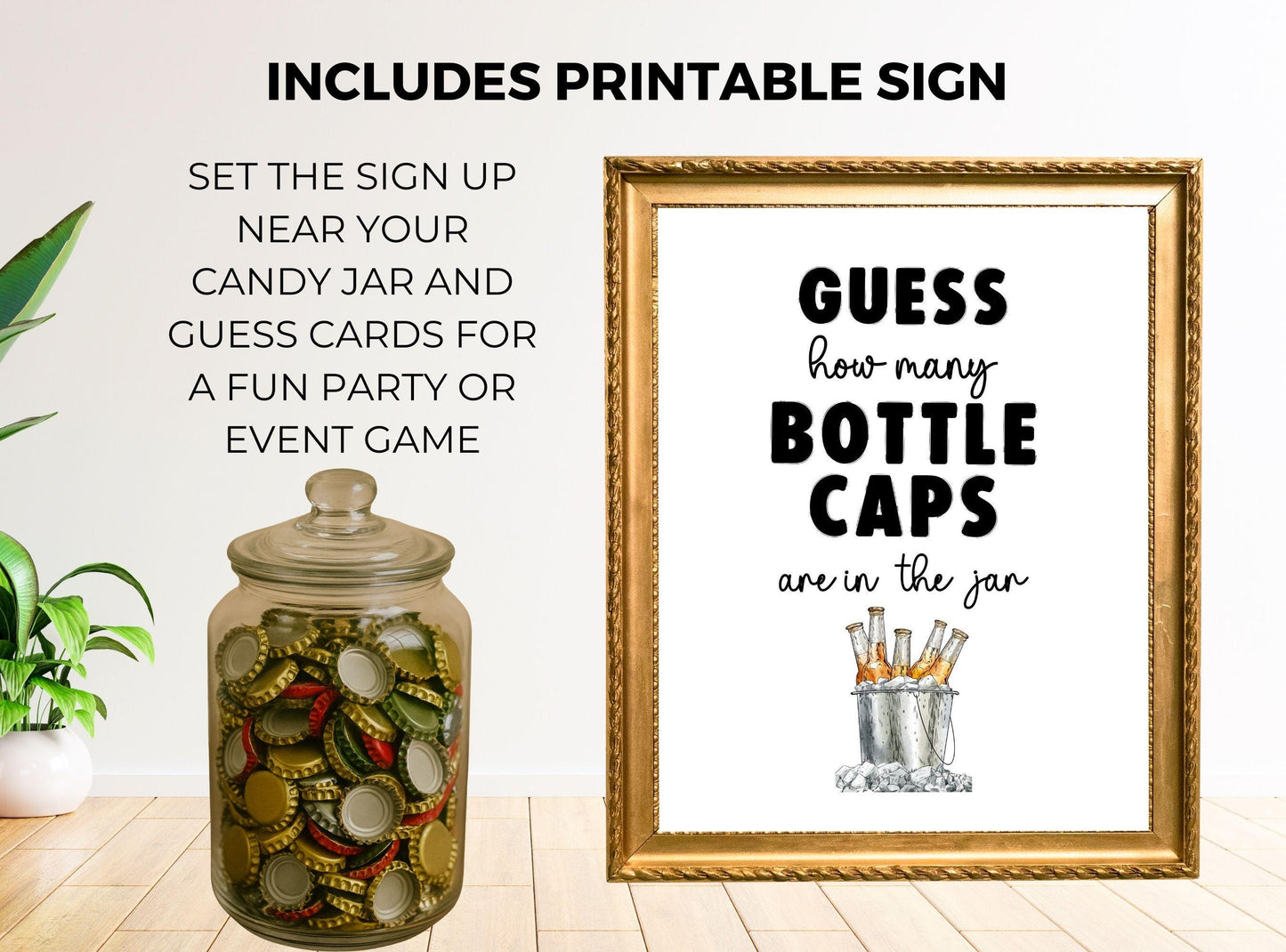 Decorative jar with bottle caps and a framed sign for a party game, including text about the game.