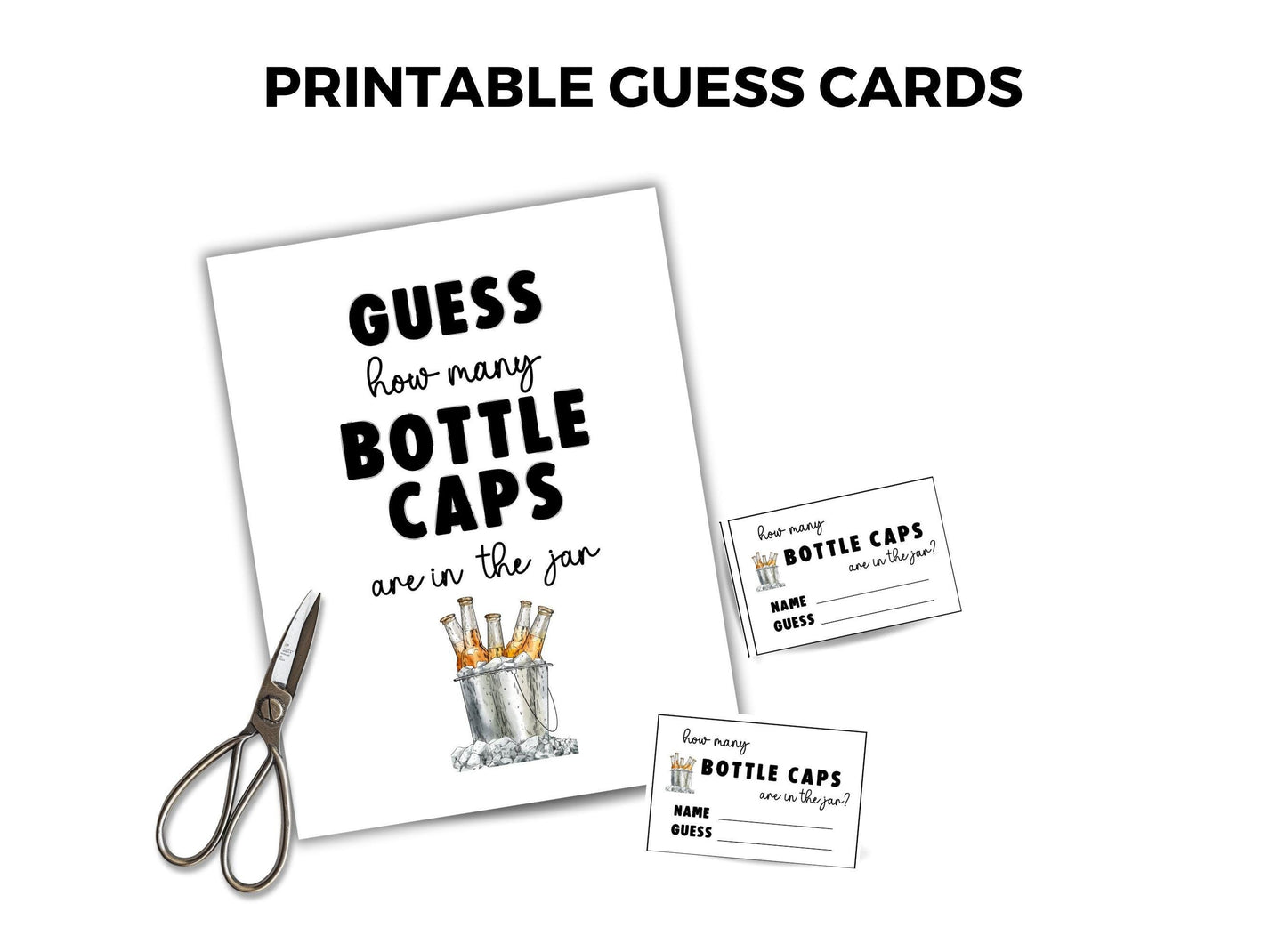 Printable guess cards for bottle cap game with scissors on a white background