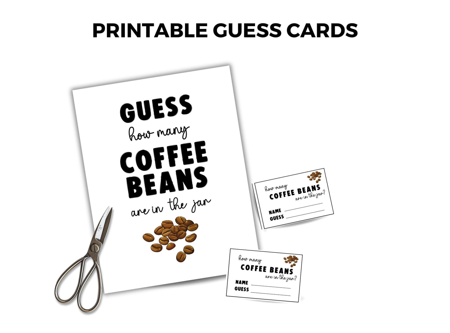 Printable guess cards for coffee beans with scissors and coffee beans on a white background