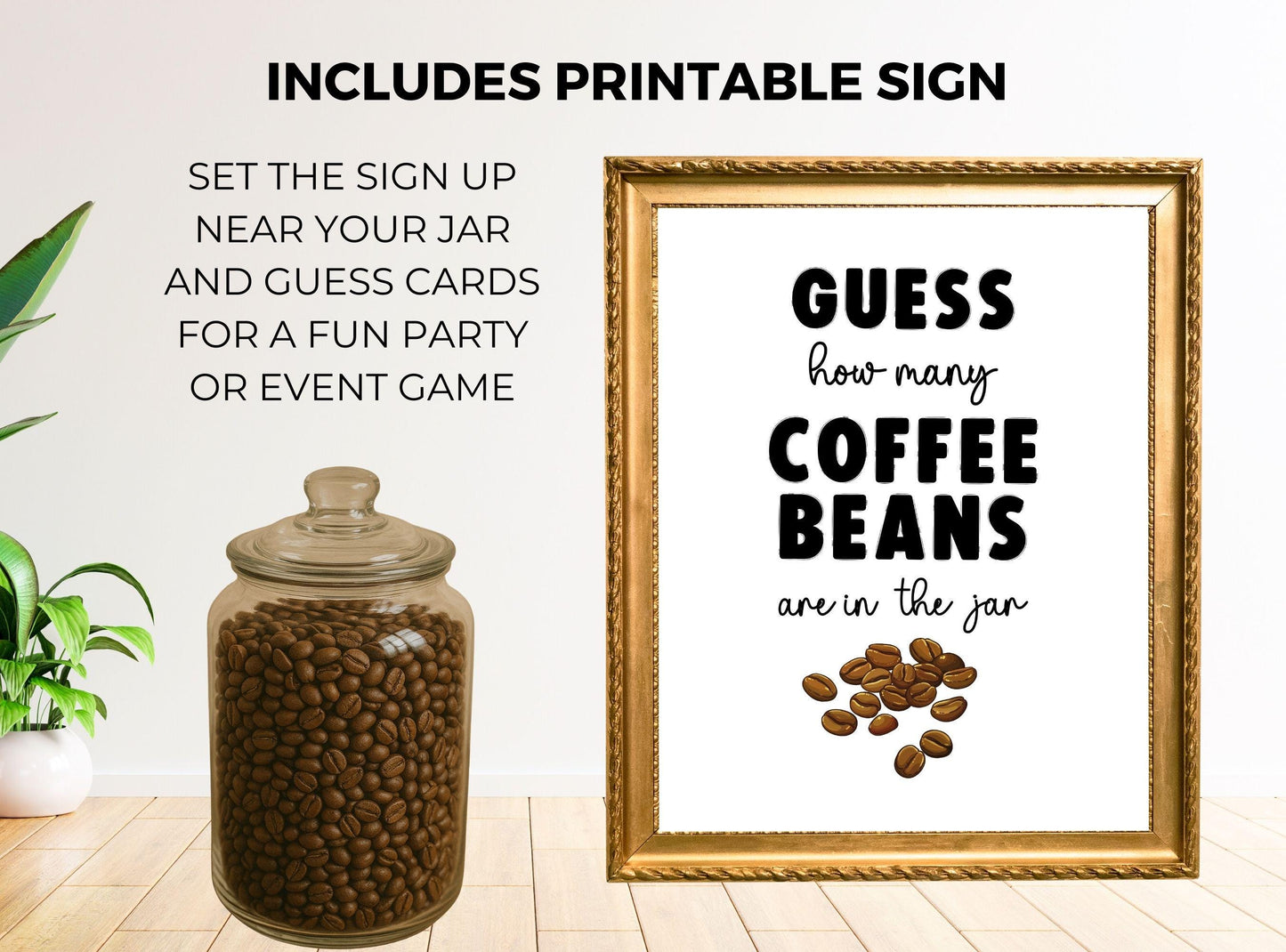 Jar filled with coffee beans and a framed sign with text, set up for a party game.
