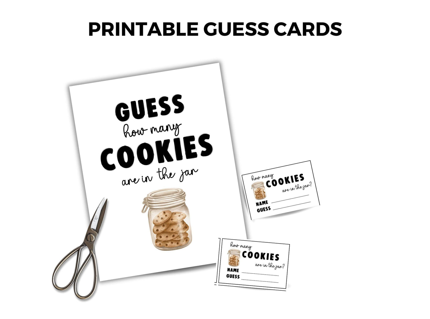 Printable guess cards for a cookie jar game with scissors on a white background
