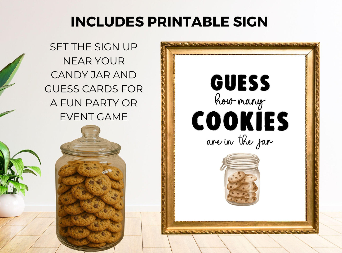 Printable sign for a cookie jar game with text and illustration of cookies in a jar.