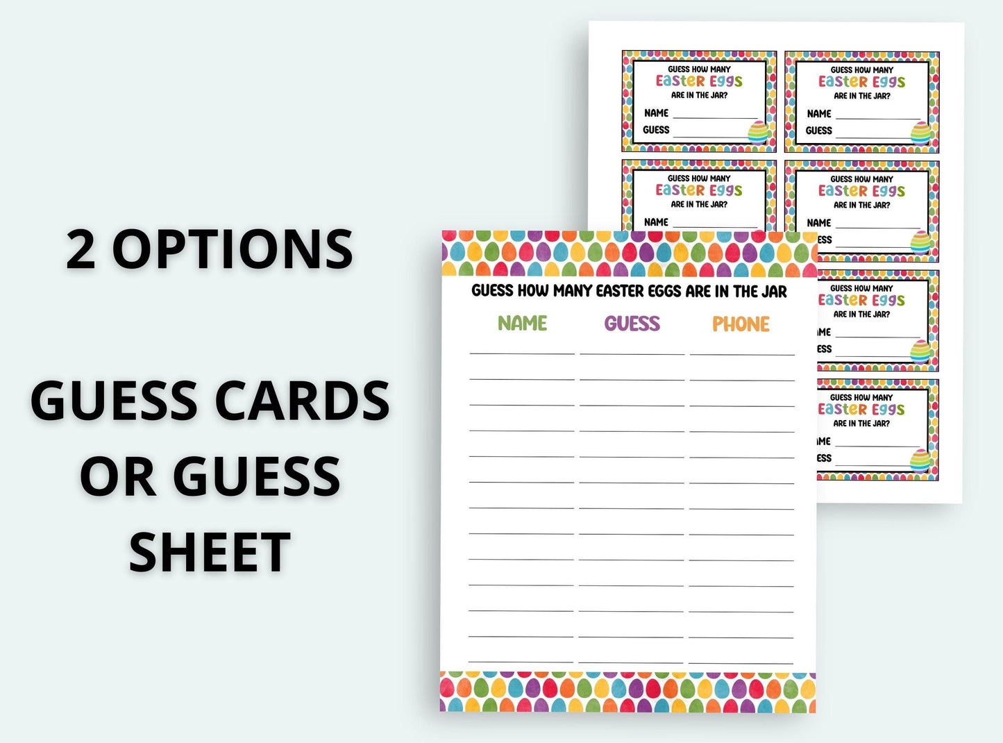 Guess cards with colorful borders and text on a white background