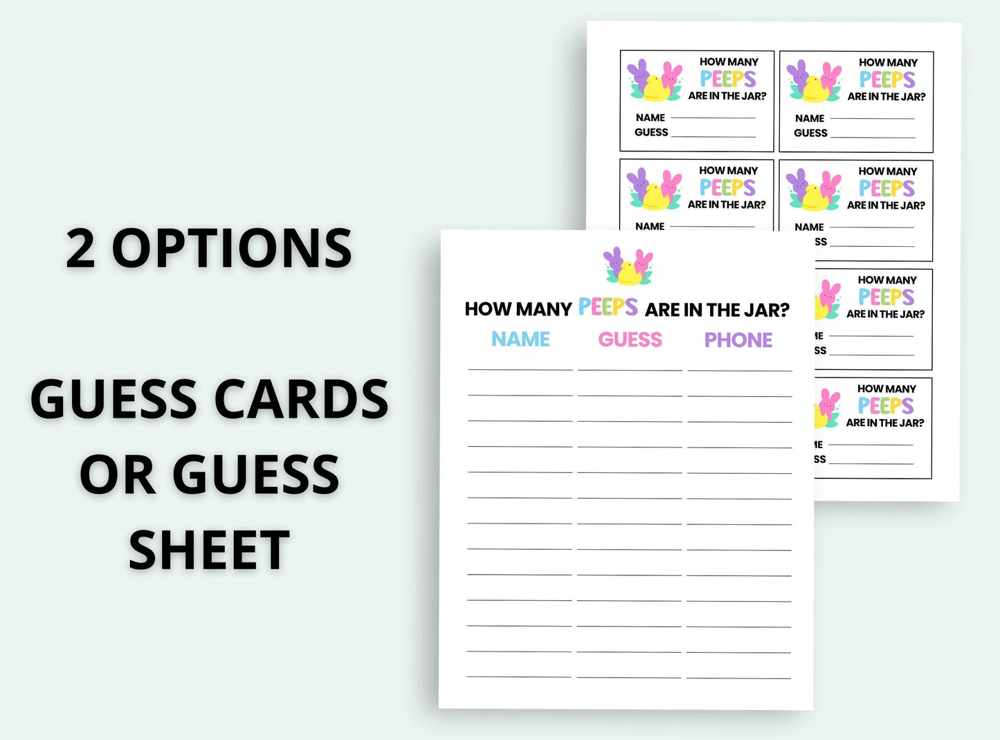 Guess cards with colorful designs and text on a white background
