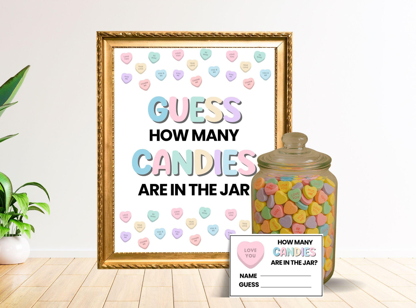 Decorative wall art with a jar of candies and a question card on a light wooden floor.
