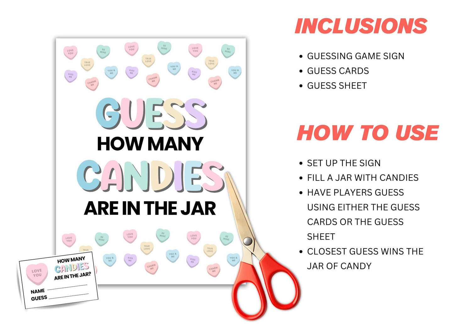 Guess how many candies are in the jar game set with sign, cards, and sheet on a white background.
