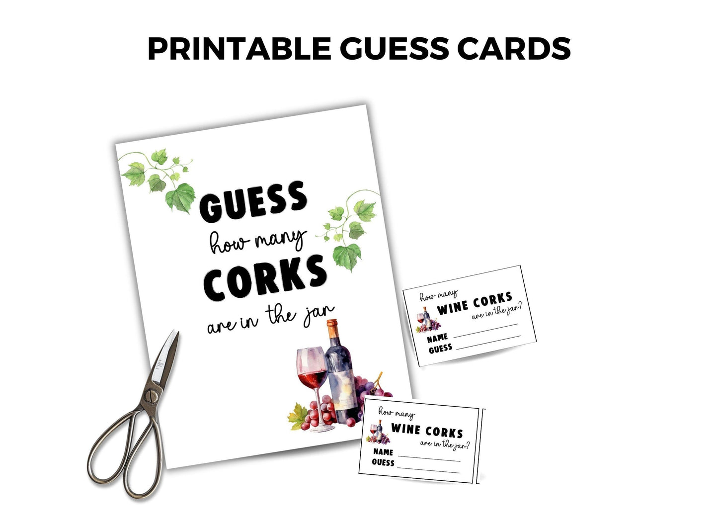 Printable guess cards for a wine-themed game with scissors on a white background