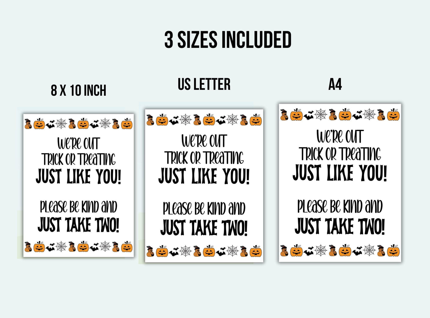 Three Halloween-themed posters with text and pumpkins, displayed with size specifications.